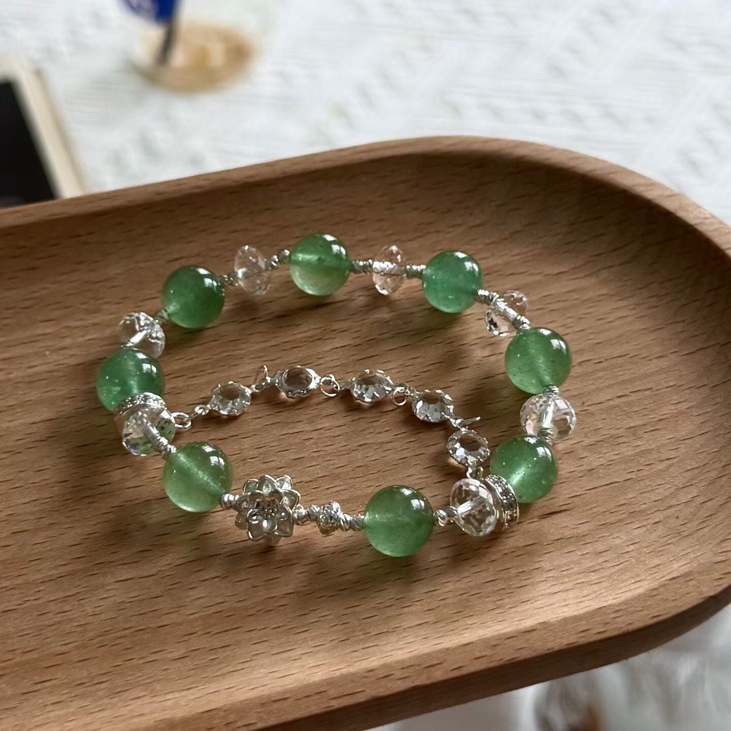Spring Mist | Green Strawberry Quartz & White Crystal Bracelet