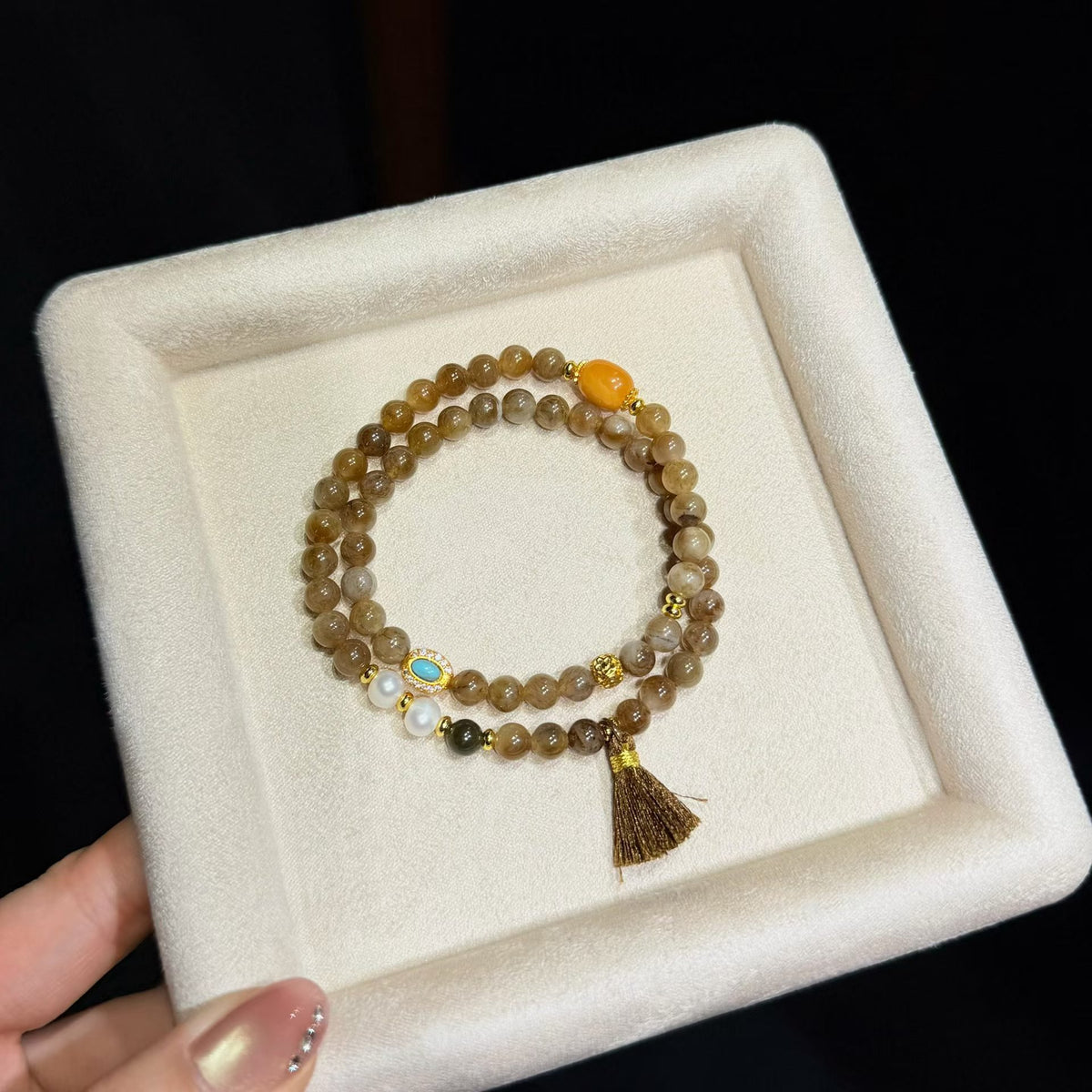 Caramel Sugar Brown Hetian Jade Bracelet with Vintage Enamel & Tassel (6mm)