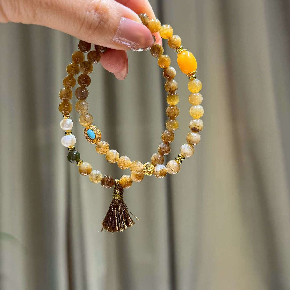 Caramel Sugar Brown Hetian Jade Bracelet with Vintage Enamel & Tassel (6mm)