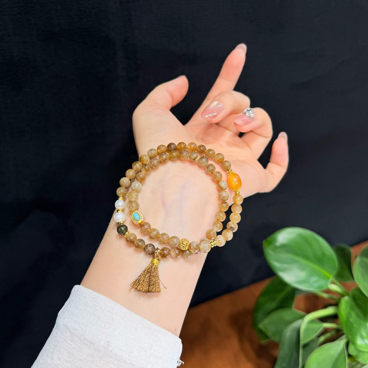 Caramel Sugar Brown Hetian Jade Bracelet with Vintage Enamel & Tassel (6mm)