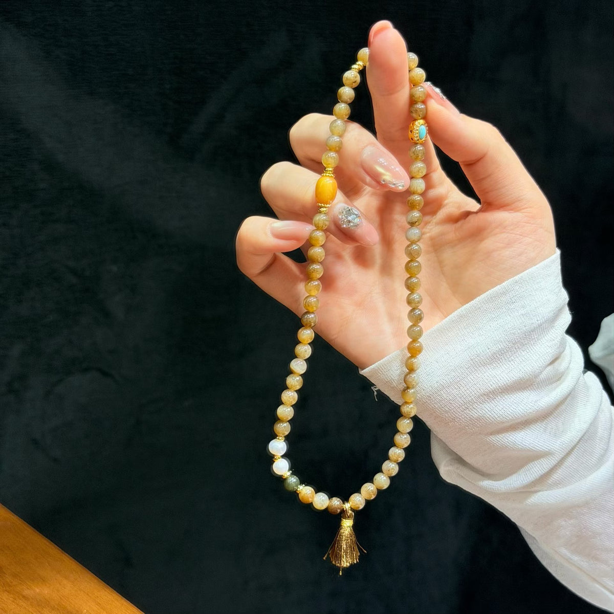 Caramel Sugar Brown Hetian Jade Bracelet with Vintage Enamel & Tassel (6mm)