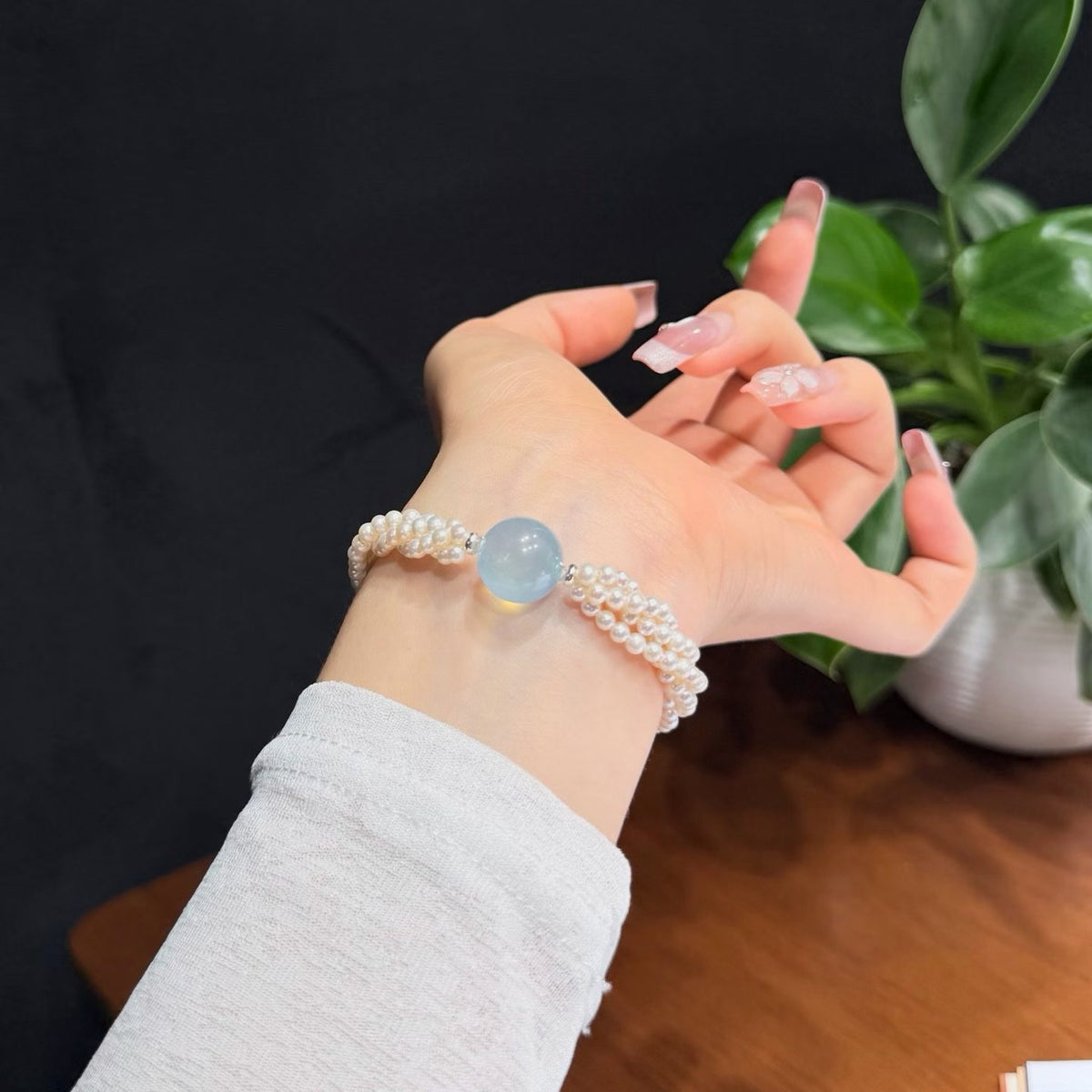 Aquamarine & Pearl Layered Bracelet（14mm）