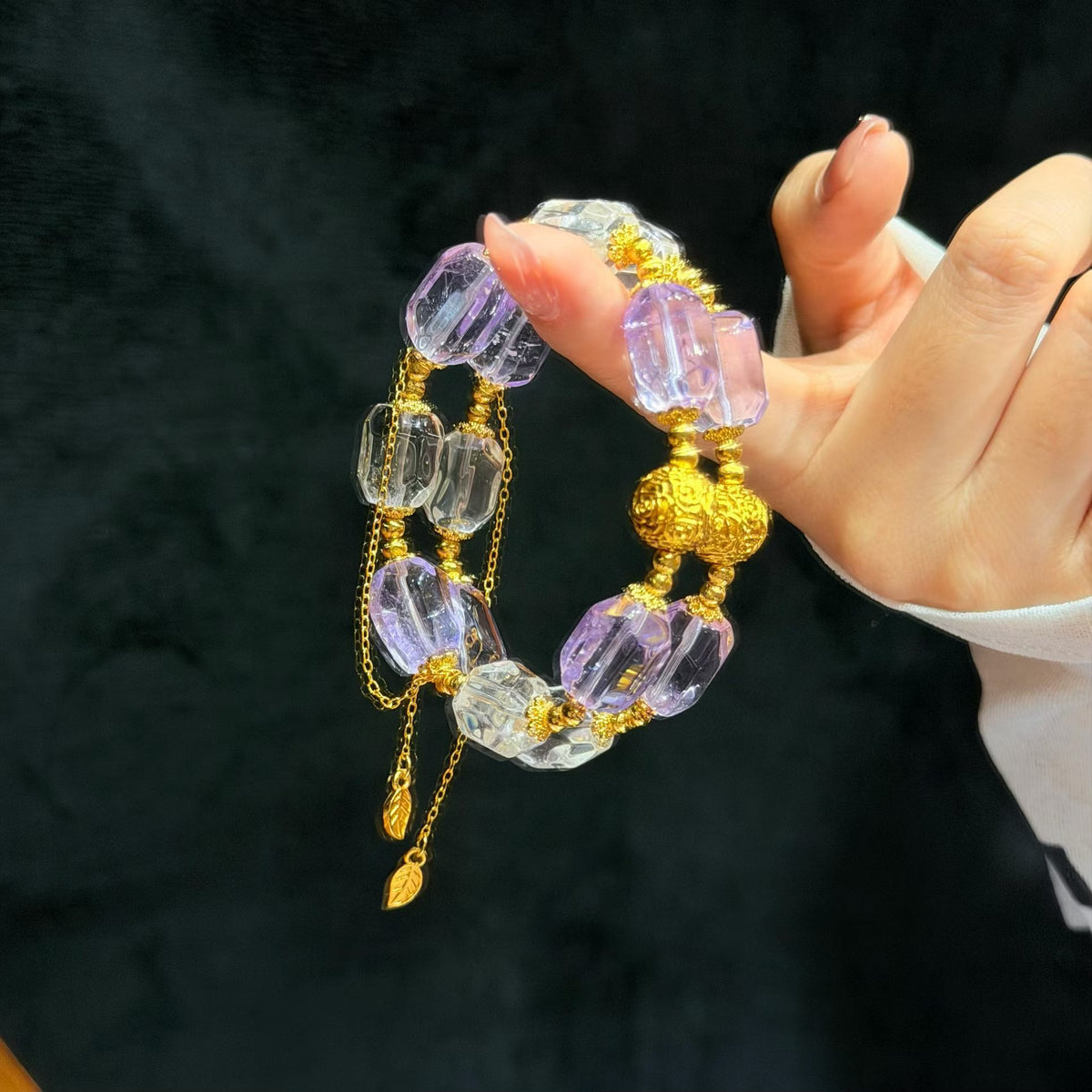 Lavender Amethyst & Clear Quartz Bracelet with Gold Leaf Tassel