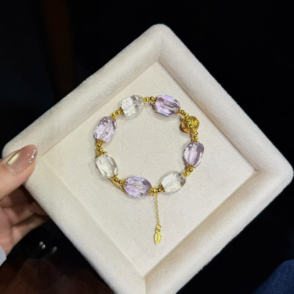 Lavender Amethyst & Clear Quartz Bracelet with Gold Leaf Tassel