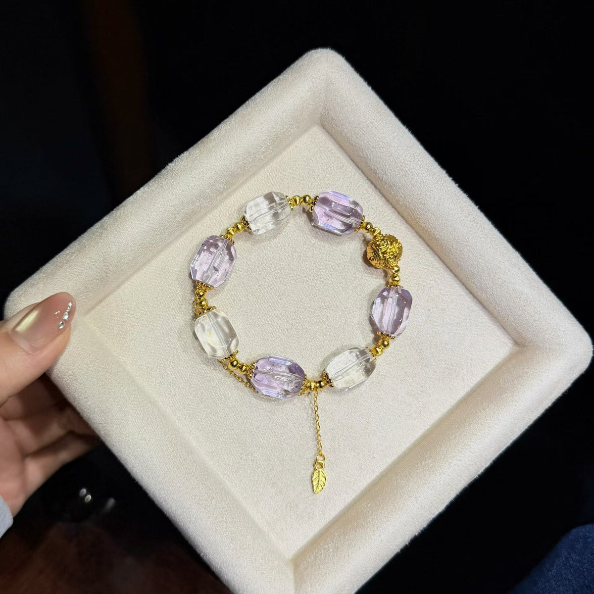 Lavender Amethyst & Clear Quartz Bracelet with Gold Leaf Tassel