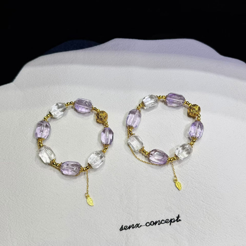 Lavender Amethyst & Clear Quartz Bracelet with Gold Leaf Tassel