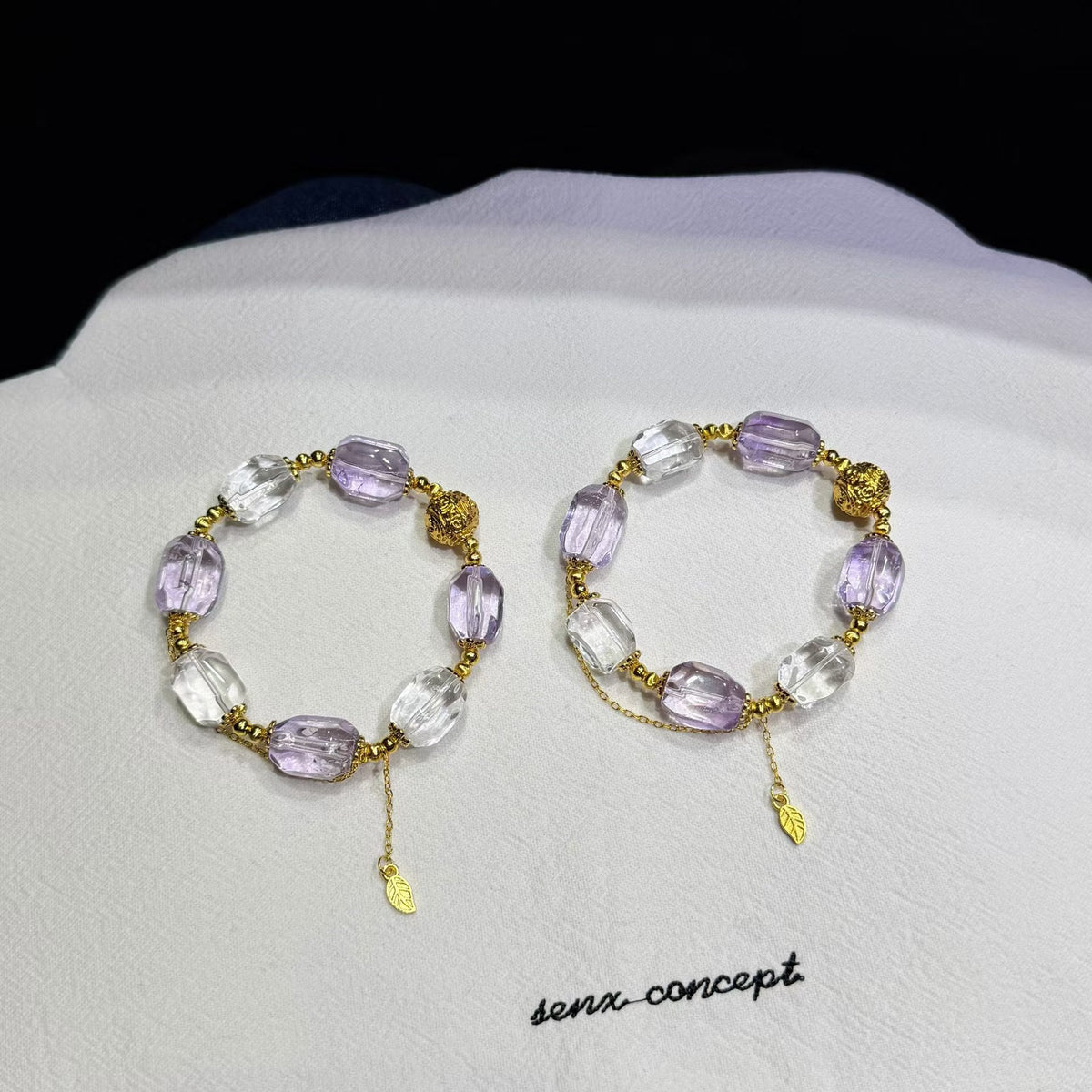 Lavender Amethyst & Clear Quartz Bracelet with Gold Leaf Tassel
