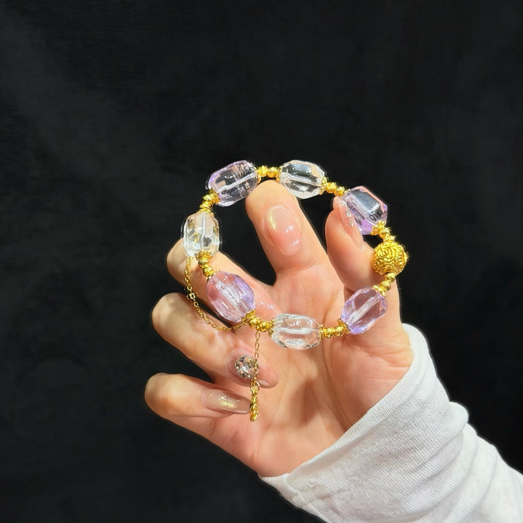 Lavender Amethyst & Clear Quartz Bracelet with Gold Leaf Tassel