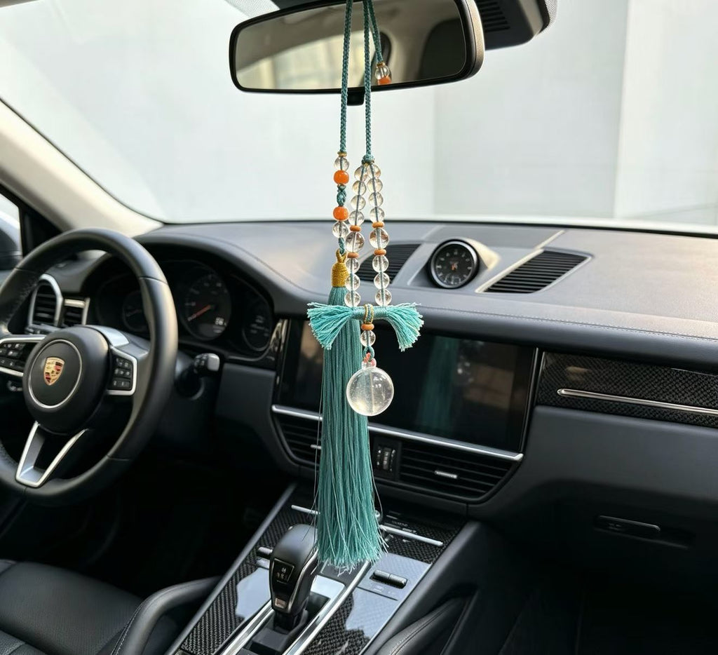 Qingyao White Crystal Car Hanging Ornament with Green Tassel