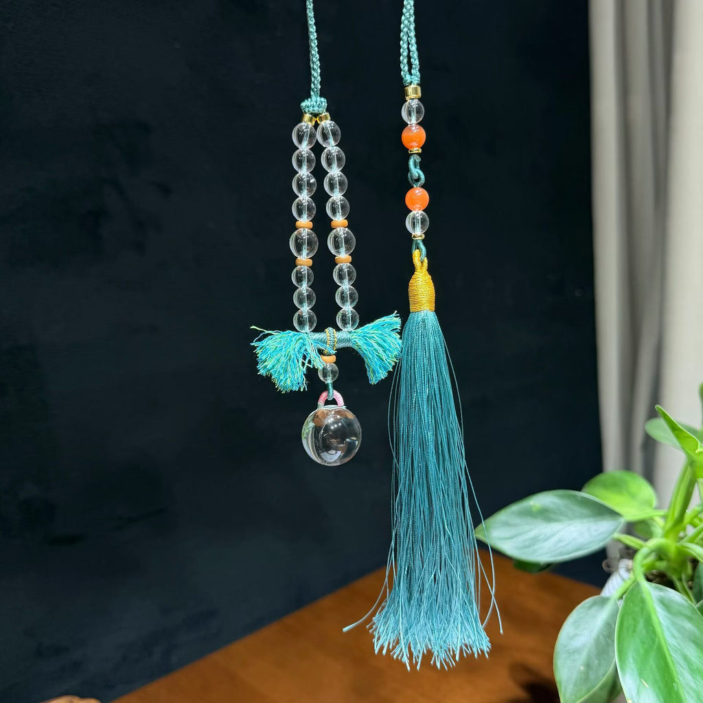 Qingyao White Crystal Car Hanging Ornament with Green Tassel