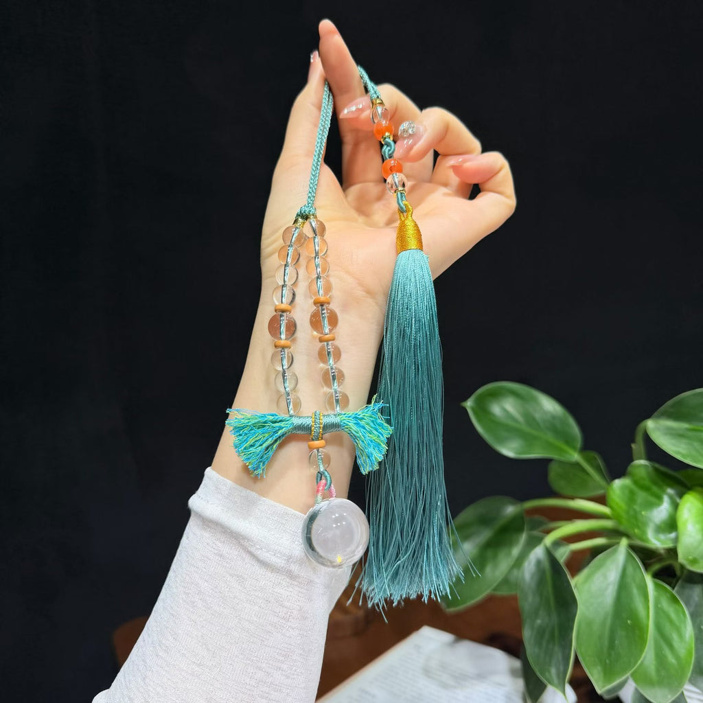 Qingyao White Crystal Car Hanging Ornament with Green Tassel