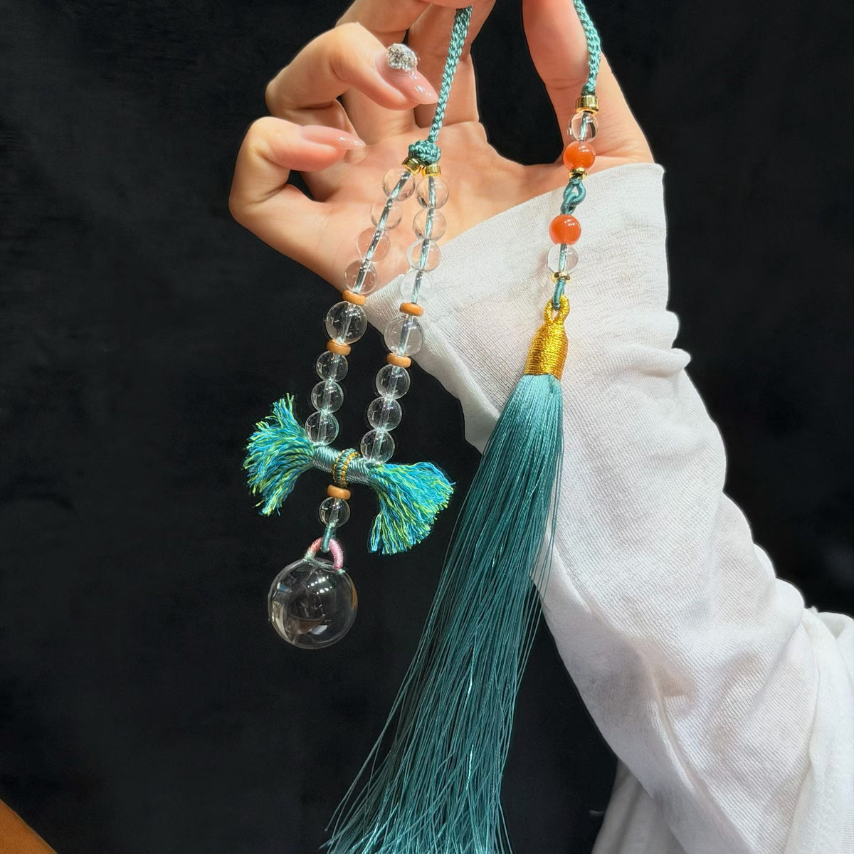 Qingyao White Crystal Car Hanging Ornament with Green Tassel