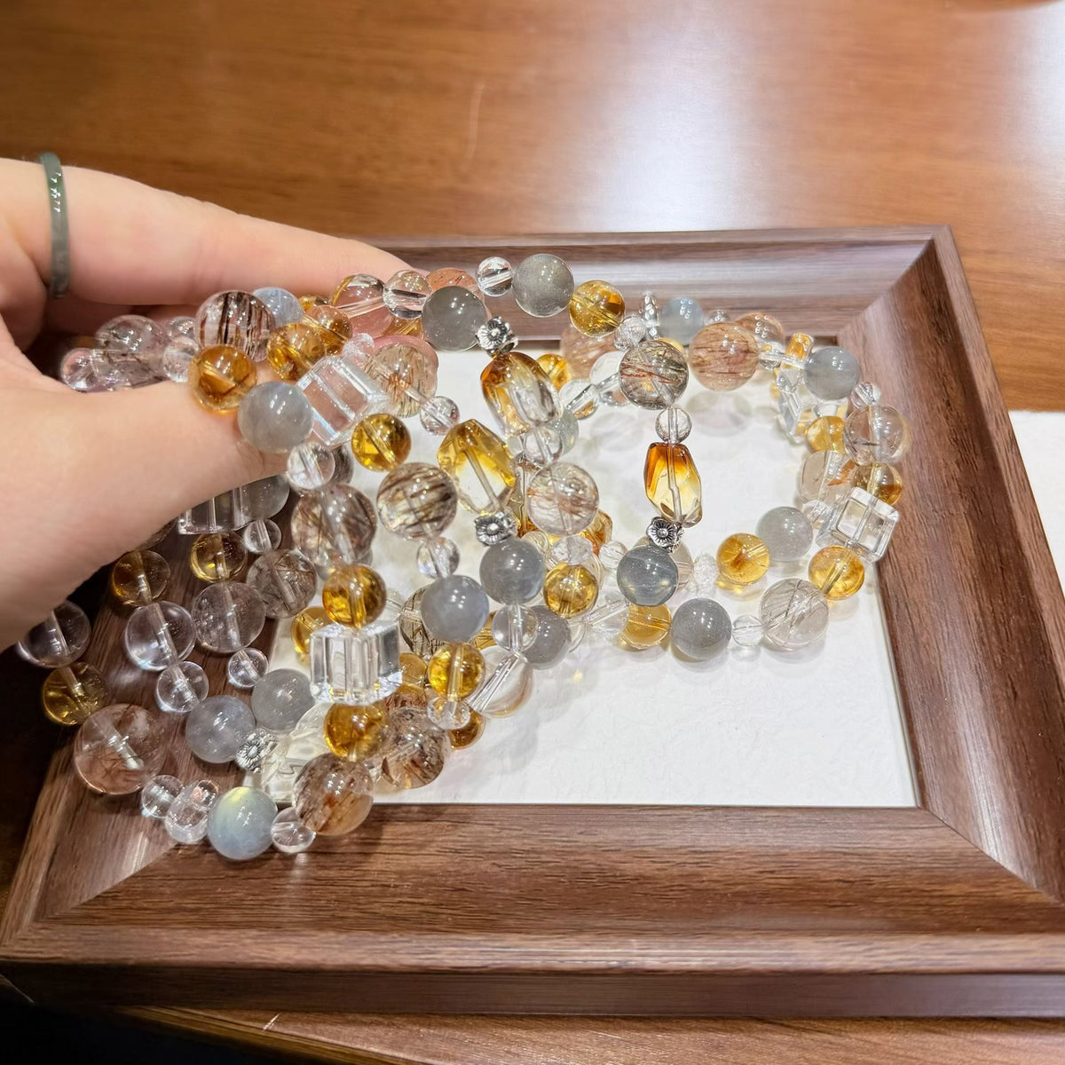 Sunlit Moon Multi-Gemstone Crystal Bracelet - Yellow Phantom, Grey Moonstone &amp; Quartz Cubes