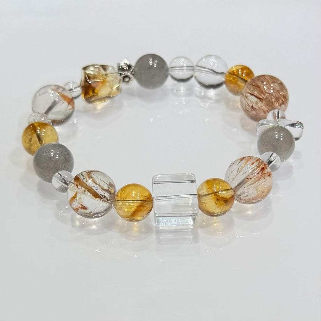Sunlit Moon Multi-Gemstone Crystal Bracelet - Yellow Phantom, Grey Moonstone &amp; Quartz Cubes