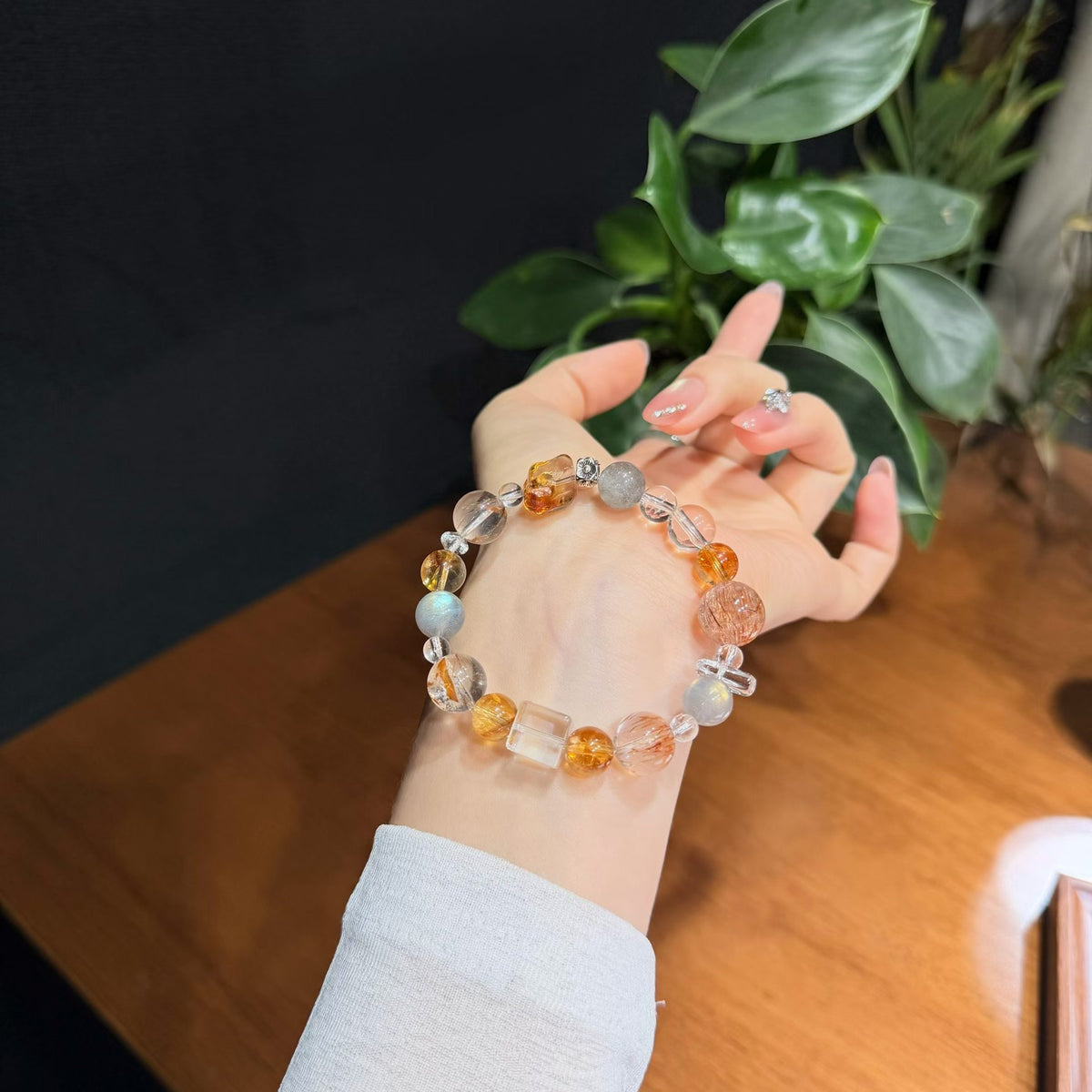 Sunlit Moon Multi-Gemstone Crystal Bracelet - Yellow Phantom, Grey Moonstone &amp; Quartz Cubes