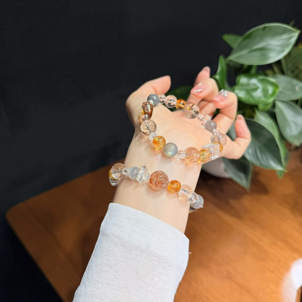 Sunlit Moon Multi-Gemstone Crystal Bracelet - Yellow Phantom, Grey Moonstone &amp; Quartz Cubes