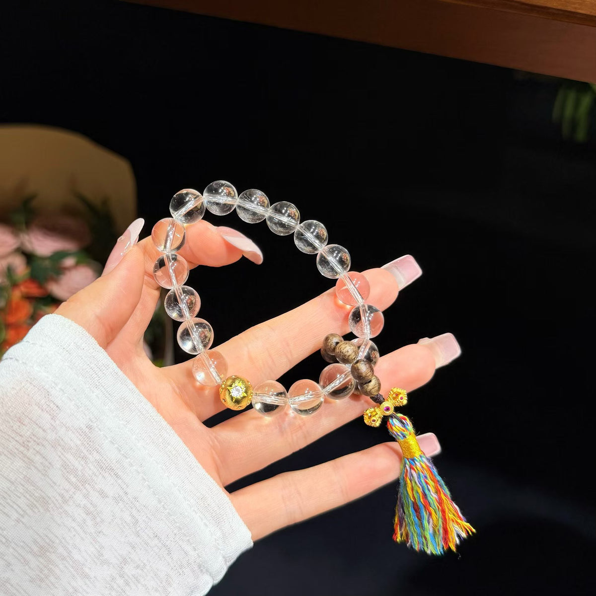 Clear Serenity White Quartz Bracelet with Multicolor Tassel (10mm)
