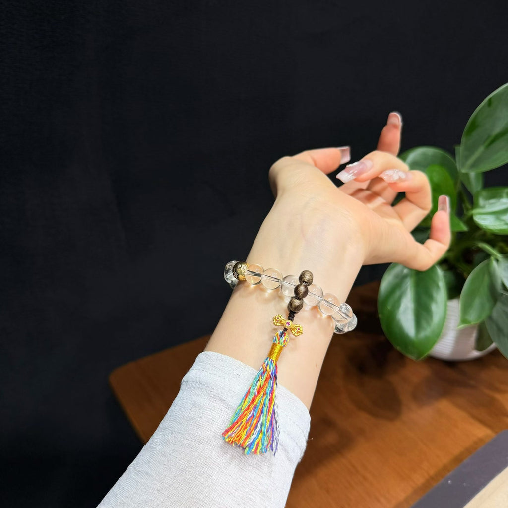Clear Serenity White Quartz Bracelet with Multicolor Tassel (10mm)