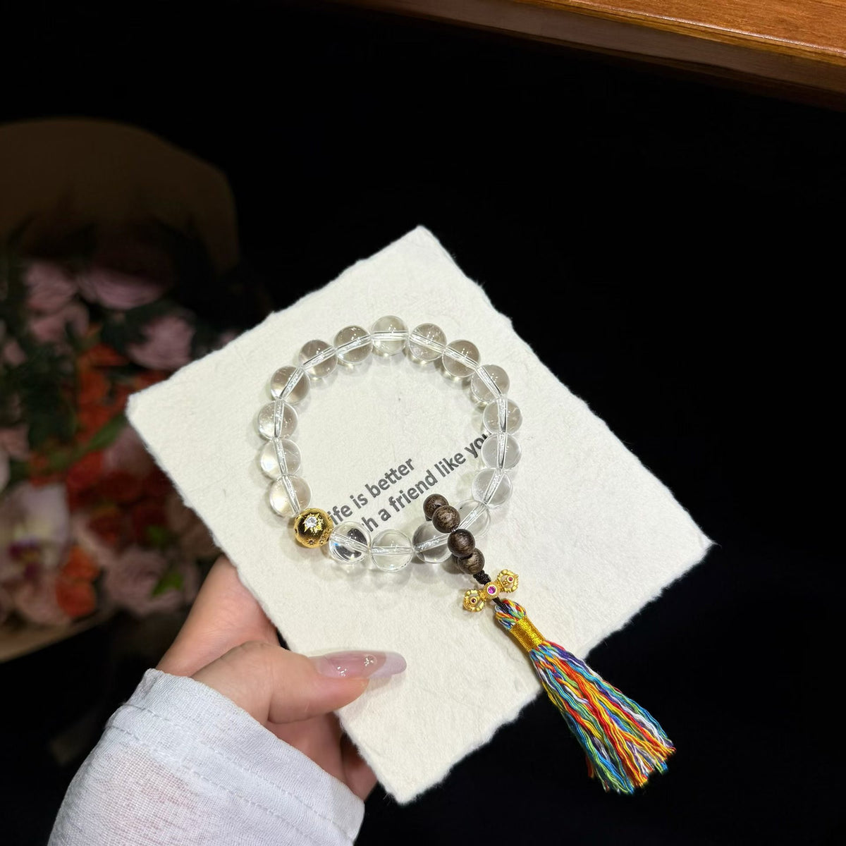 Clear Serenity White Quartz Bracelet with Multicolor Tassel (10mm)