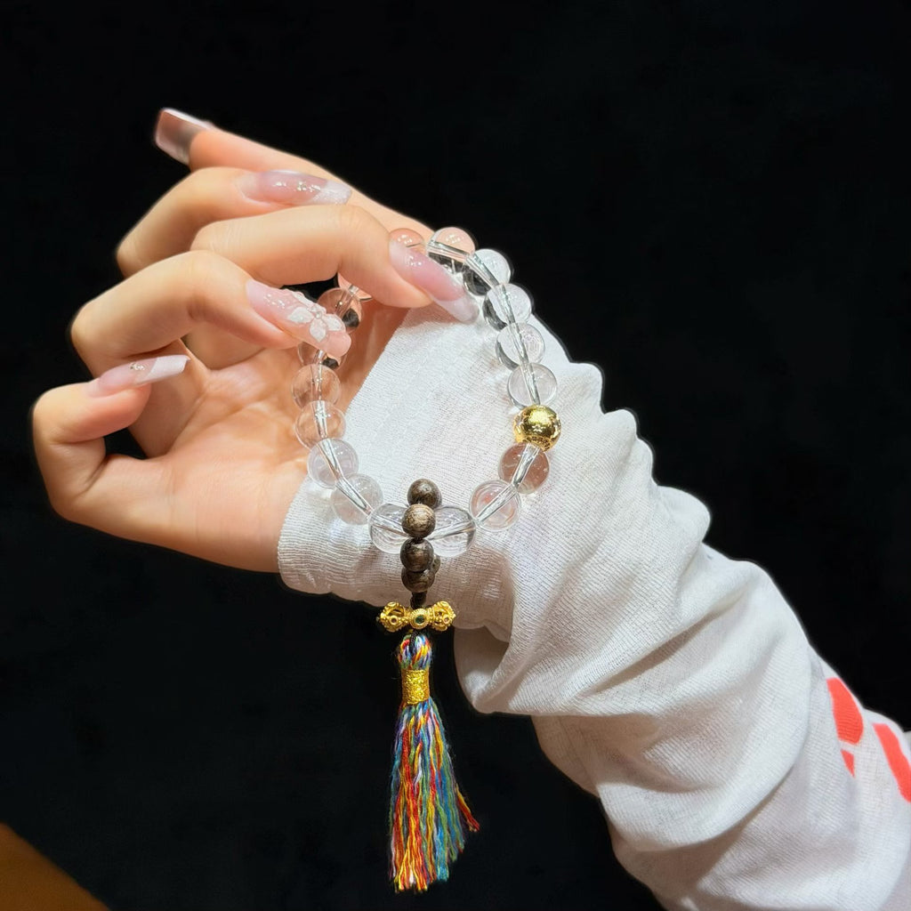 Clear Serenity White Quartz Bracelet with Multicolor Tassel (10mm)
