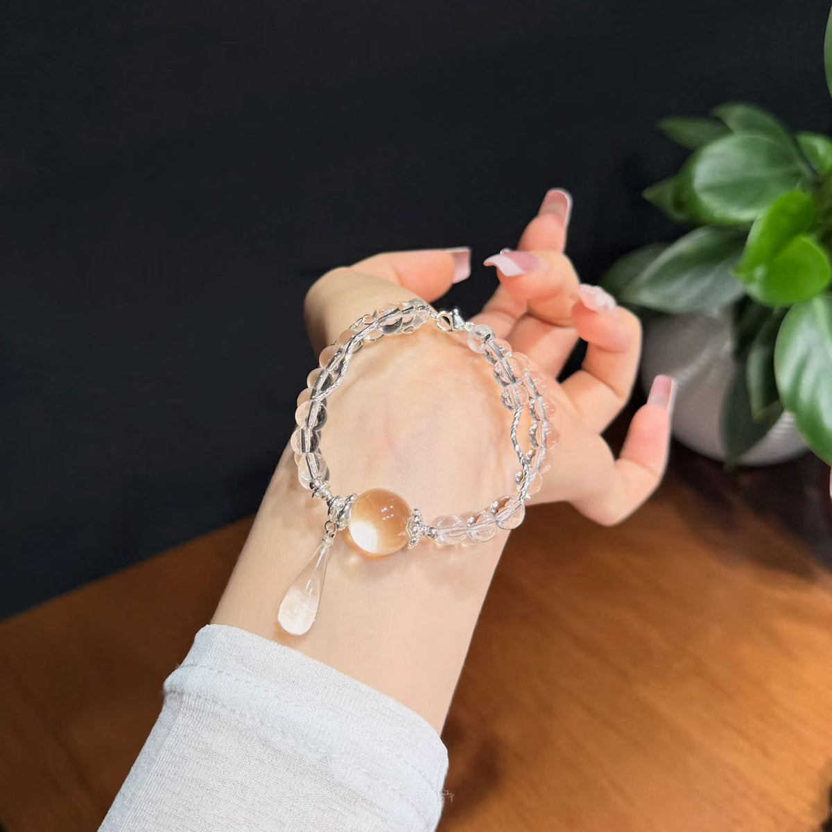 Frosted Dewdrop Clear White Quartz Double-Layer Bracelet