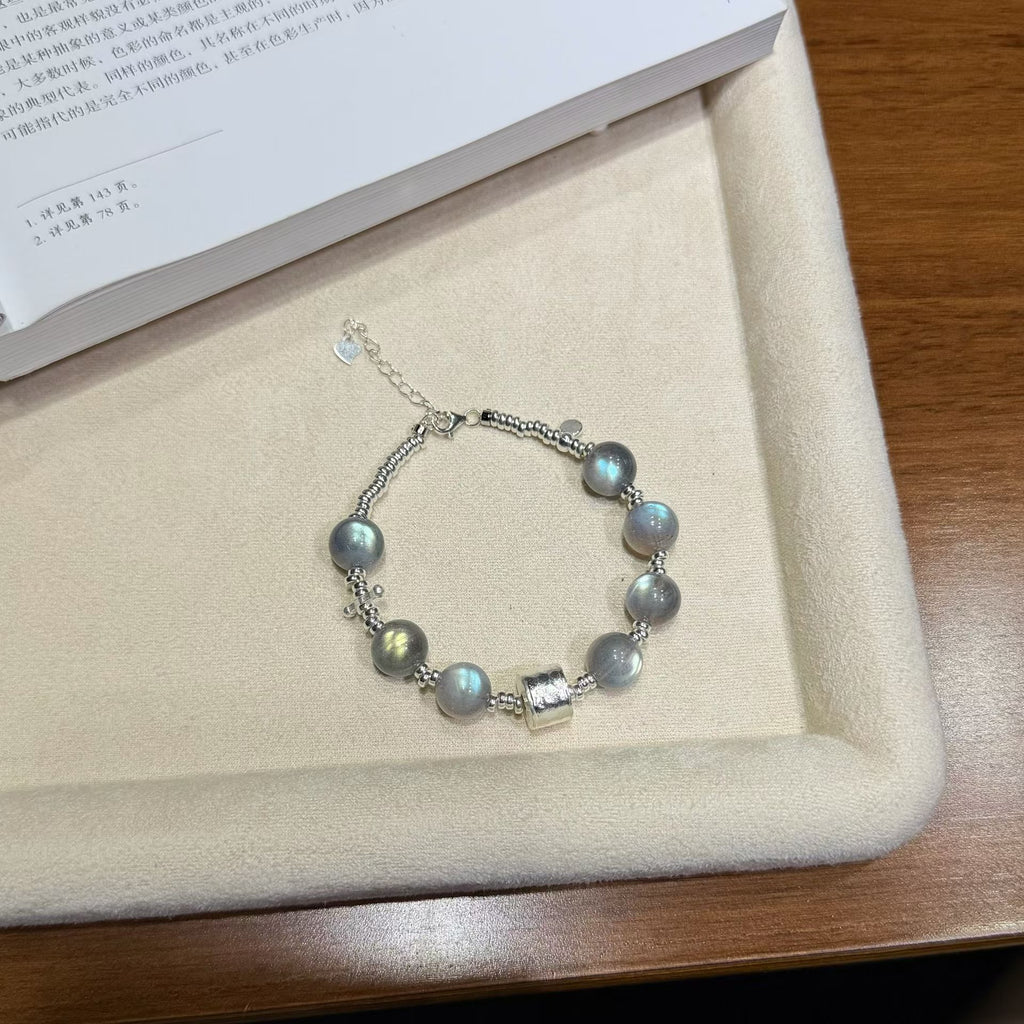 Frosted Moonlight Grey Moonstone &amp; Blue Flash Labradorite 925 Silver Bracelet