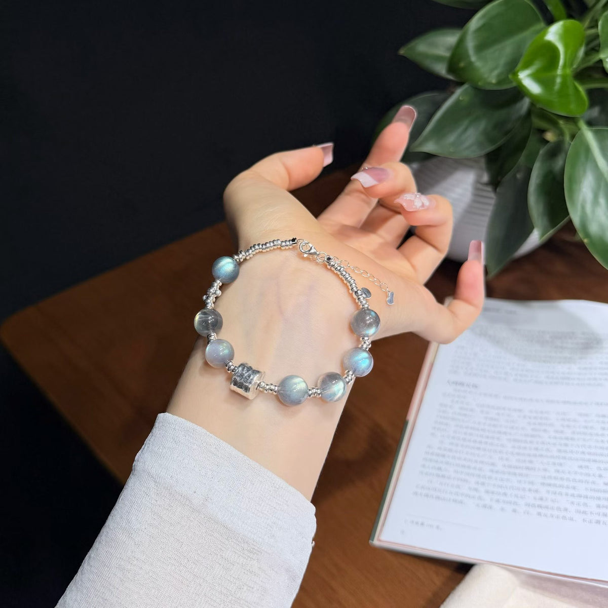 Frosted Moonlight Grey Moonstone &amp; Blue Flash Labradorite 925 Silver Bracelet