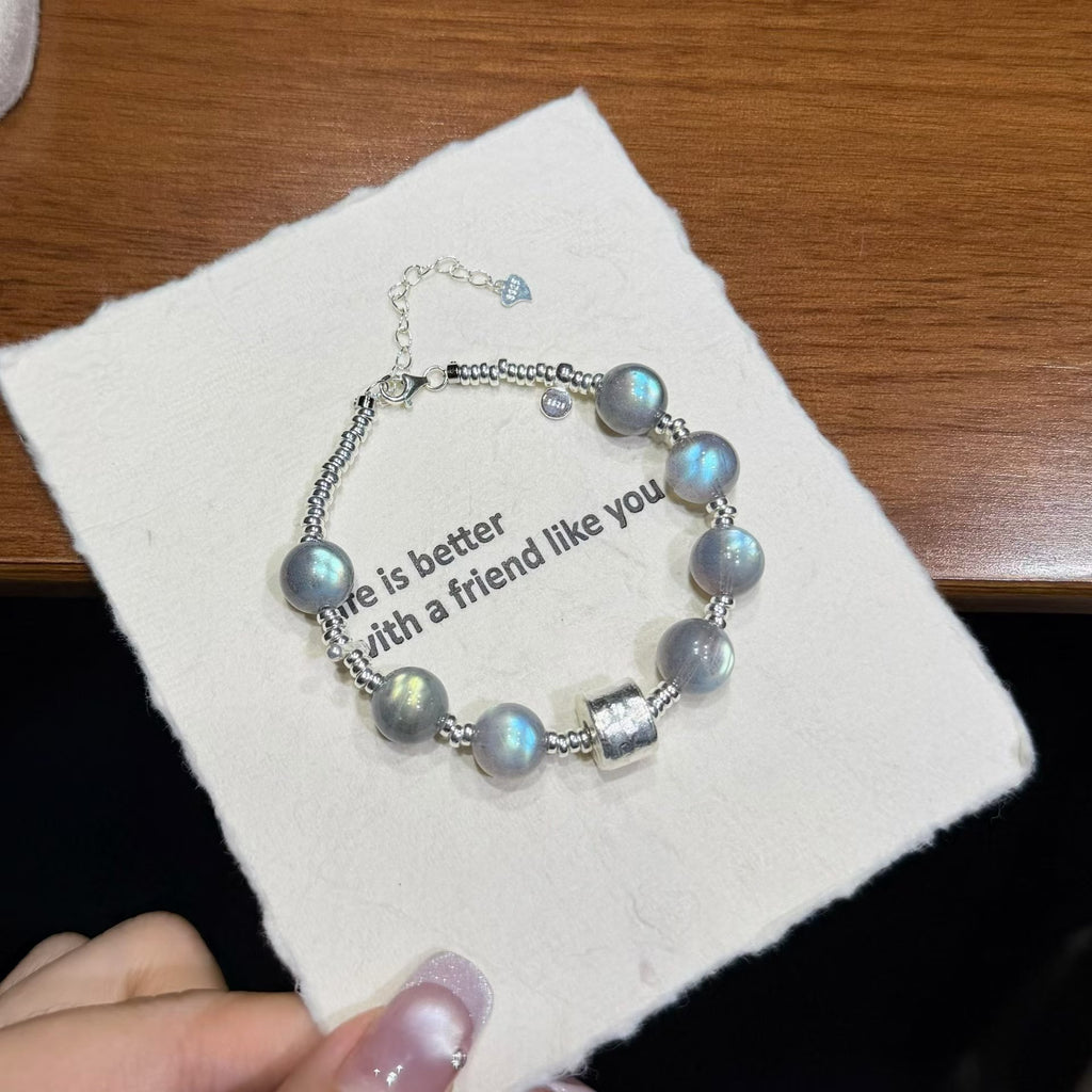 Frosted Moonlight Grey Moonstone &amp; Blue Flash Labradorite 925 Silver Bracelet