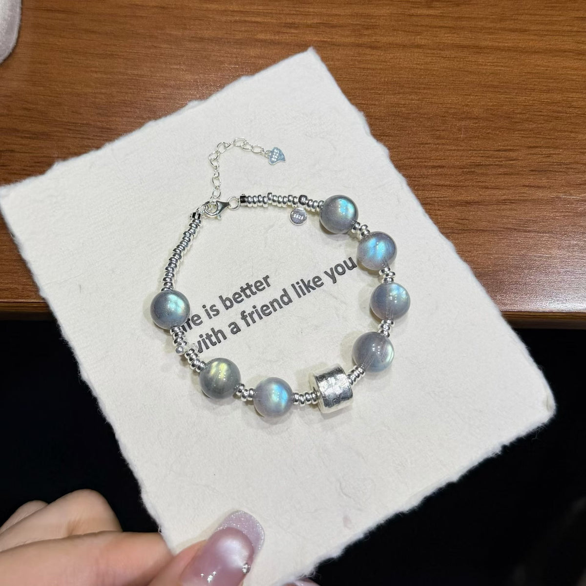 Frosted Moonlight Grey Moonstone &amp; Blue Flash Labradorite 925 Silver Bracelet