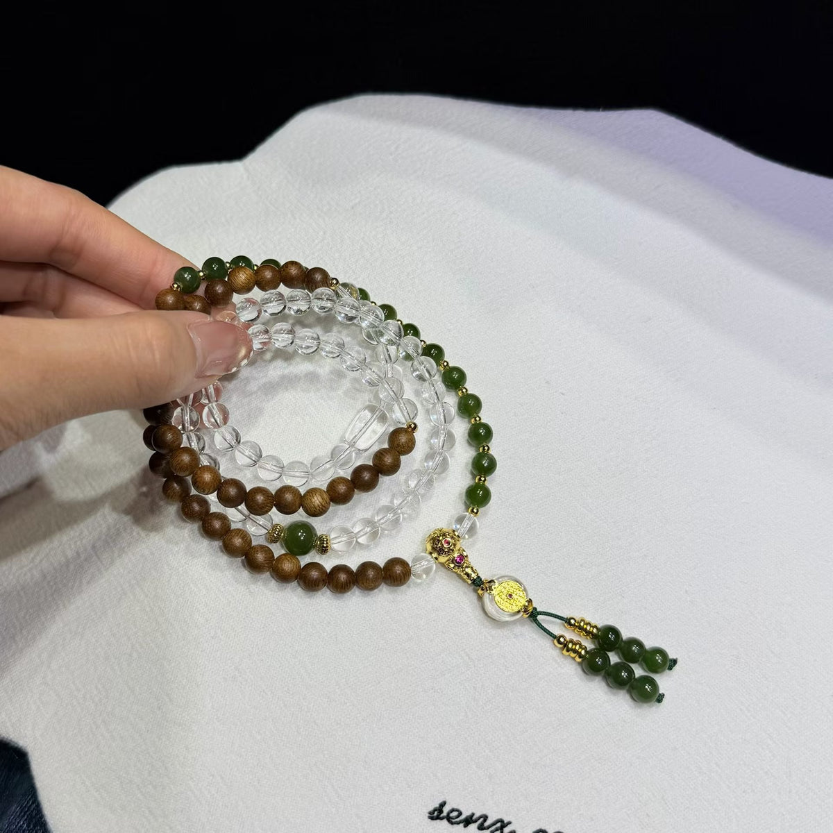 Agarwood &amp; Jade Multi-Wear Mala Bracelet &amp; Necklace - Natural Agarwood, 6mm Hetian Jade &amp; Clear Quartz