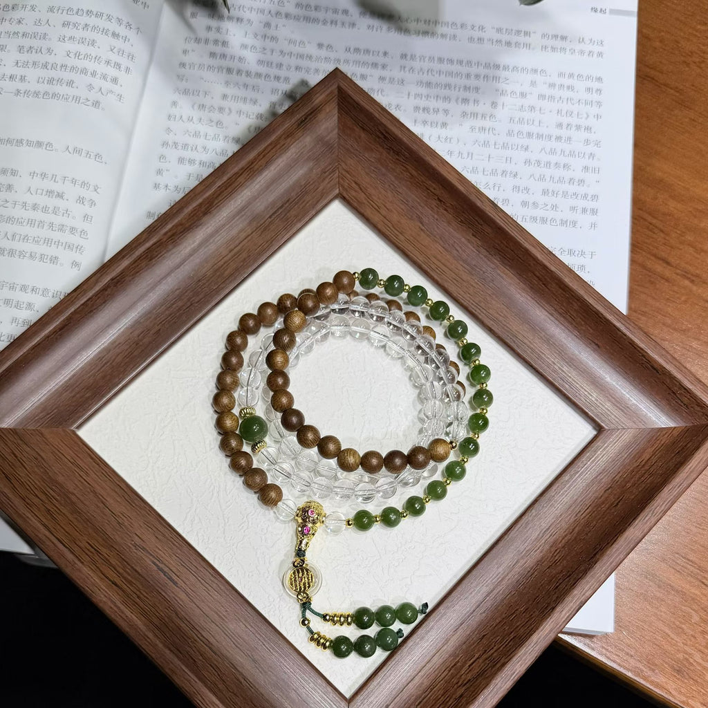 Agarwood &amp; Jade Multi-Wear Mala Bracelet &amp; Necklace - Natural Agarwood, 6mm Hetian Jade &amp; Clear Quartz