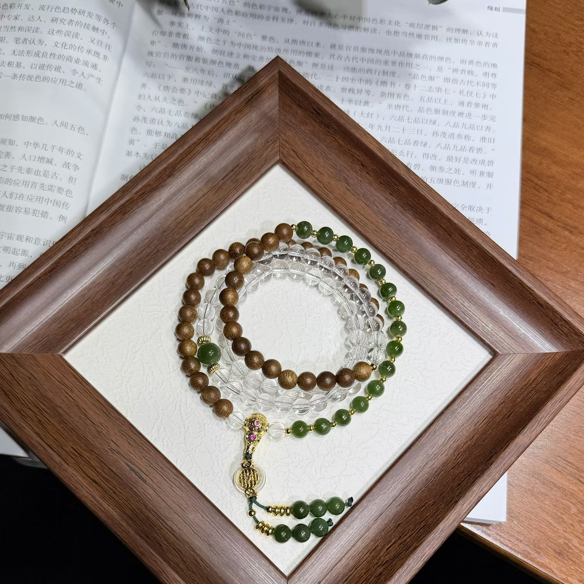 Agarwood &amp; Jade Multi-Wear Mala Bracelet &amp; Necklace - Natural Agarwood, 6mm Hetian Jade &amp; Clear Quartz