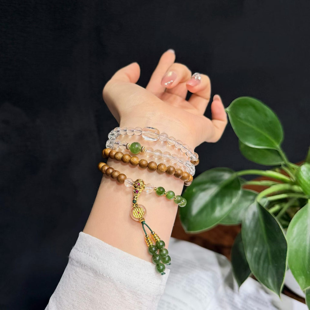 Agarwood &amp; Jade Multi-Wear Mala Bracelet &amp; Necklace - Natural Agarwood, 6mm Hetian Jade &amp; Clear Quartz