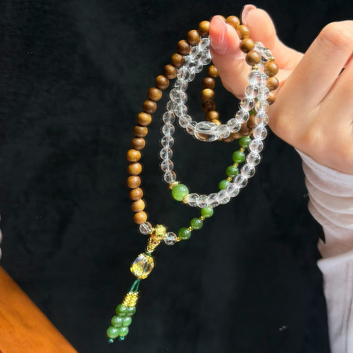 Agarwood &amp; Jade Multi-Wear Mala Bracelet &amp; Necklace - Natural Agarwood, 6mm Hetian Jade &amp; Clear Quartz
