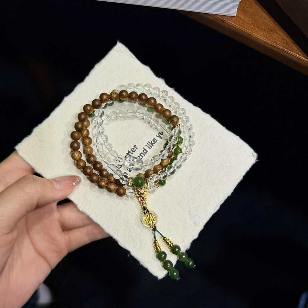 Agarwood &amp; Jade Multi-Wear Mala Bracelet &amp; Necklace - Natural Agarwood, 6mm Hetian Jade &amp; Clear Quartz