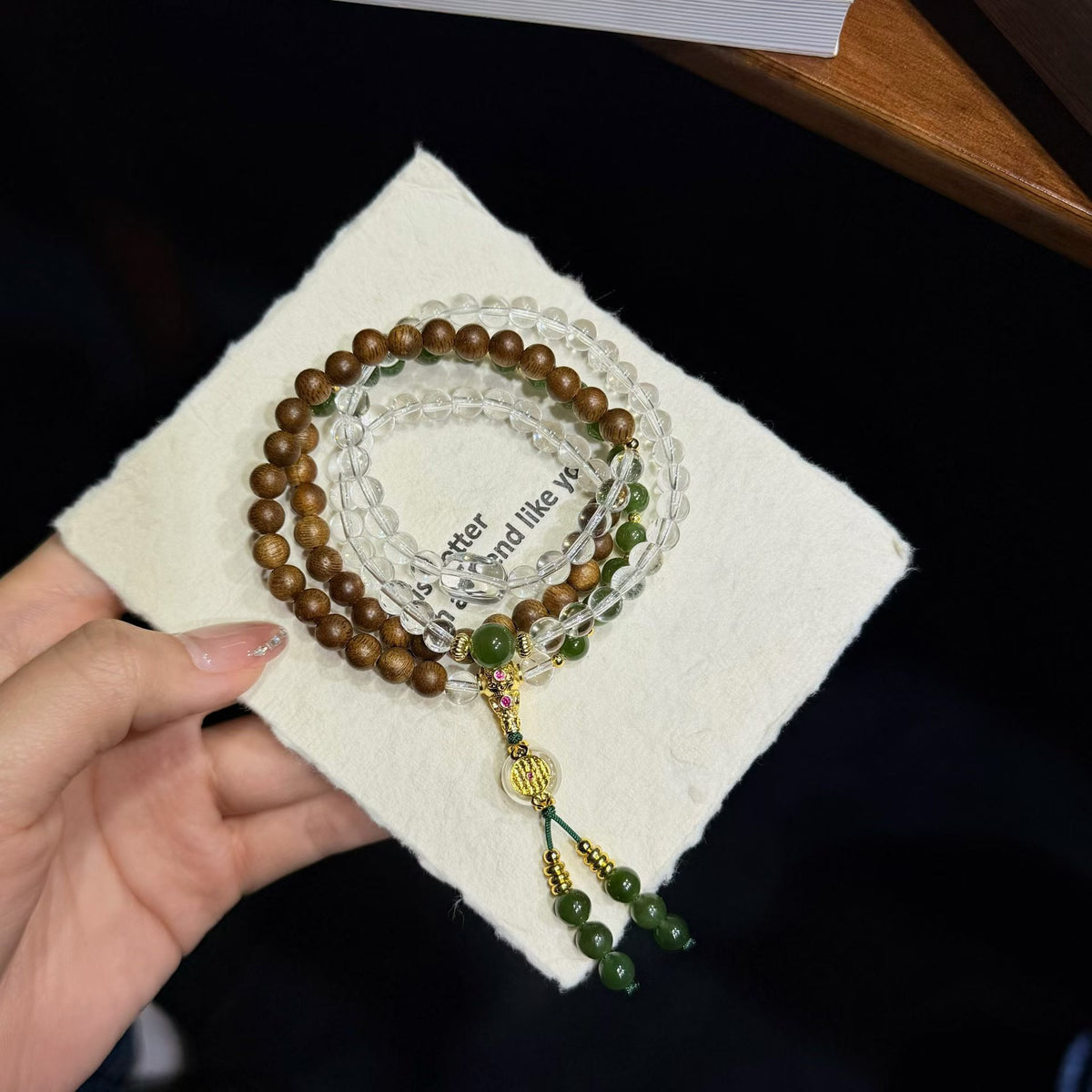 Agarwood &amp; Jade Multi-Wear Mala Bracelet &amp; Necklace - Natural Agarwood, 6mm Hetian Jade &amp; Clear Quartz
