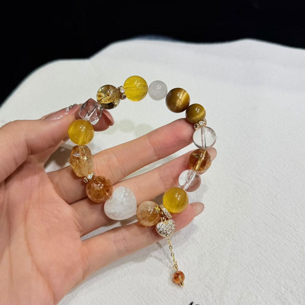Golden Radiance Multi-Gemstone Bracelet - Yellow Fluorite, Golden Hematoid & Snowflake Phantom Heart (12mm)