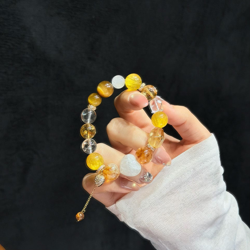 Golden Radiance Multi-Gemstone Bracelet - Yellow Fluorite, Golden Hematoid & Snowflake Phantom Heart (12mm)