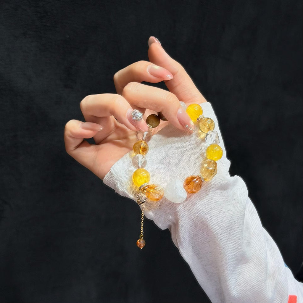 Golden Radiance Multi-Gemstone Bracelet - Yellow Fluorite, Golden Hematoid & Snowflake Phantom Heart (12mm)