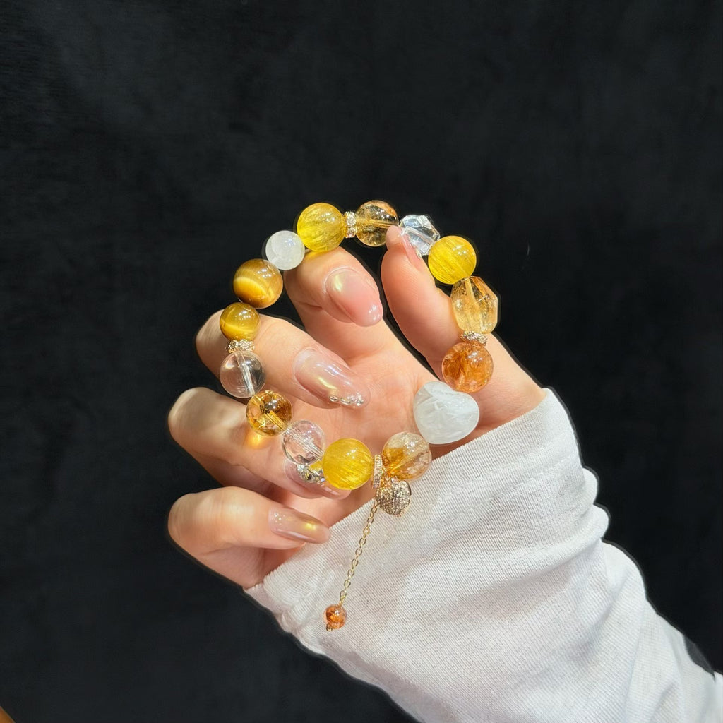 Golden Radiance Multi-Gemstone Bracelet - Yellow Fluorite, Golden Hematoid & Snowflake Phantom Heart (12mm)