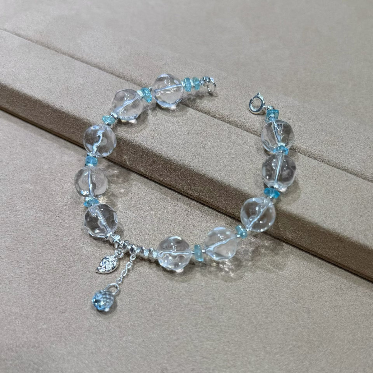 Sparkling Faceted Clear Quartz Bracelet with Sky Blue Charm
