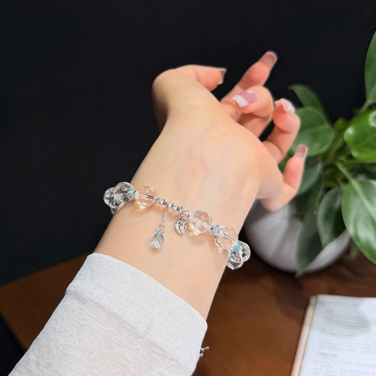 Sparkling Faceted Clear Quartz Bracelet with Sky Blue Charm