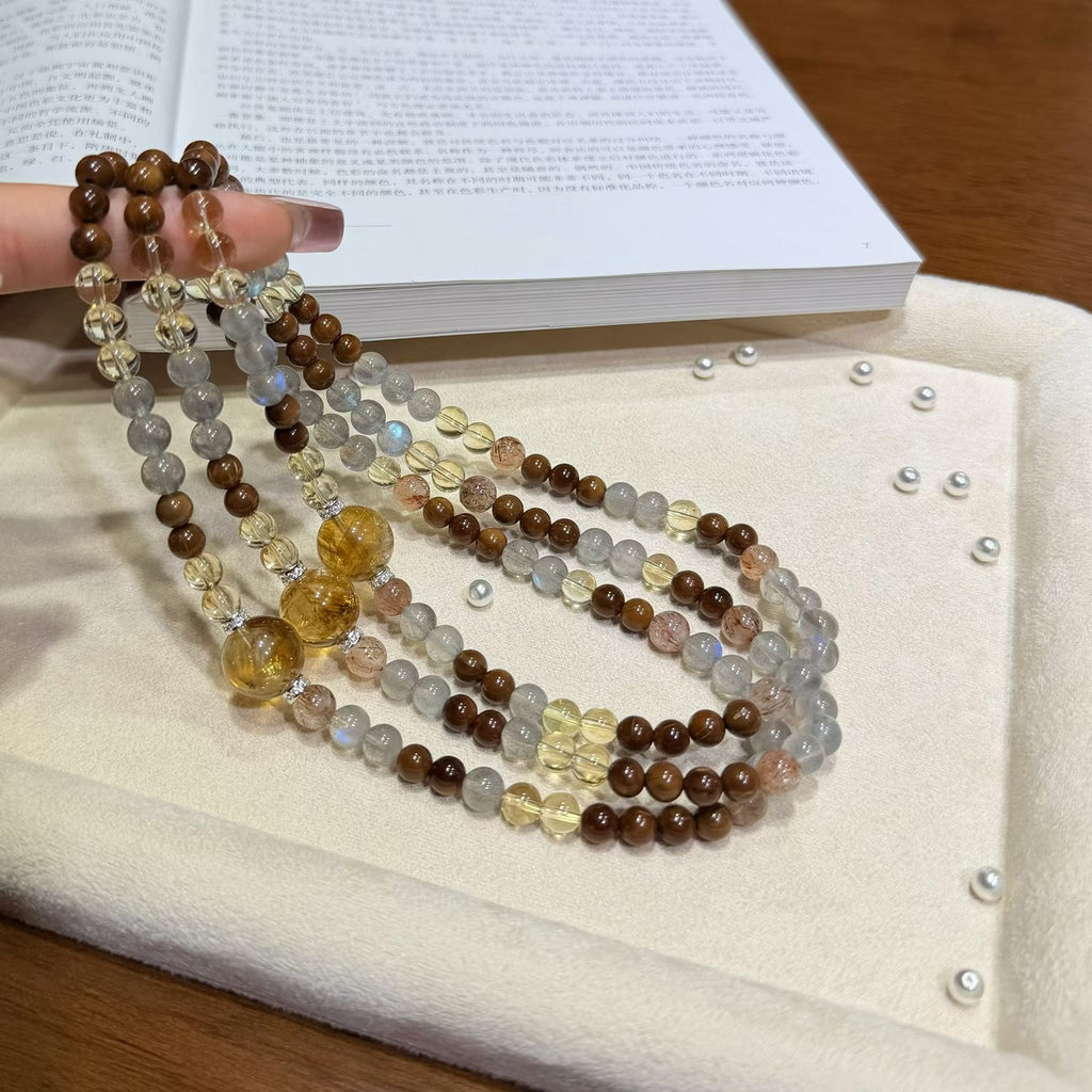 Autumn Radiance Multi-Gemstone Double-Wrap Bracelet - Brazilian Citrine, Grey Moonstone (6mm)