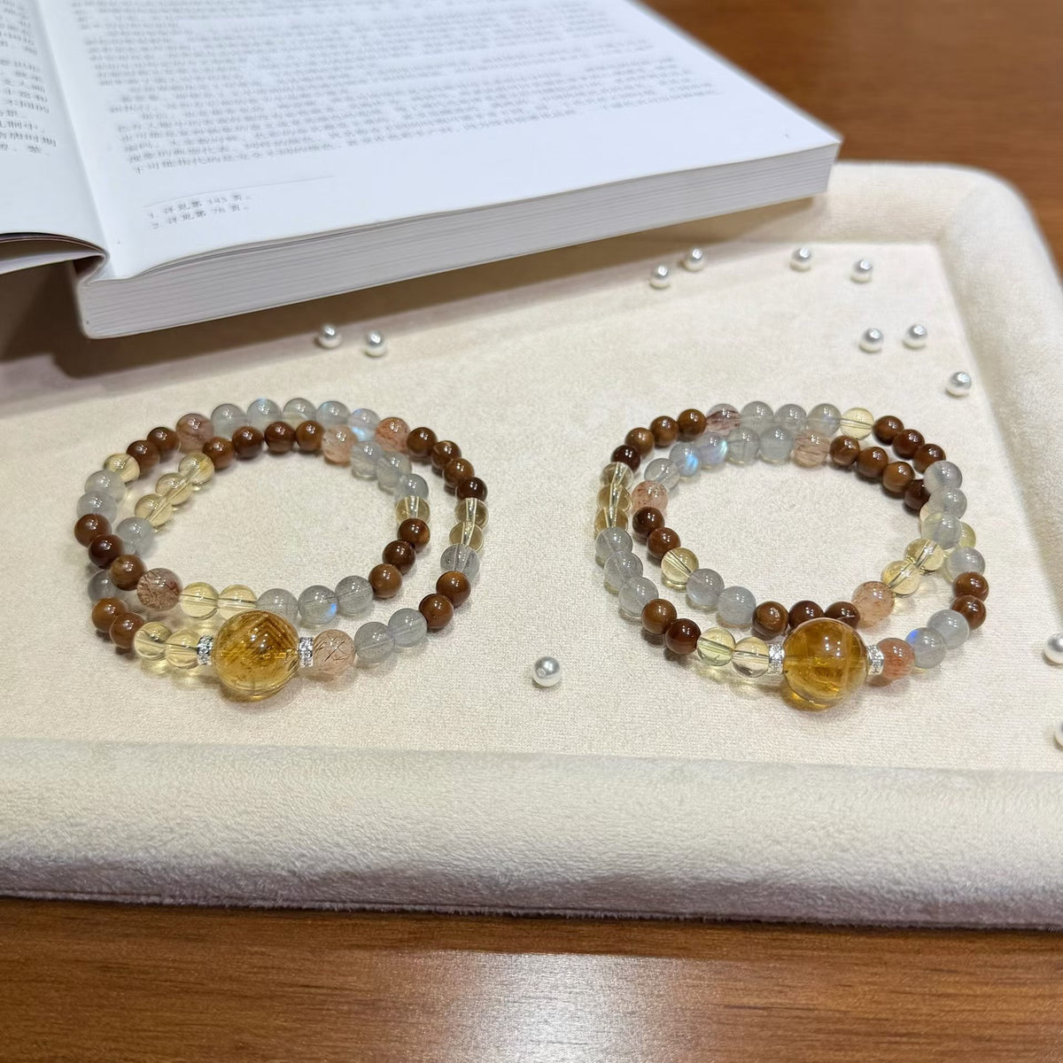 Autumn Radiance Multi-Gemstone Double-Wrap Bracelet - Brazilian Citrine, Grey Moonstone (6mm)