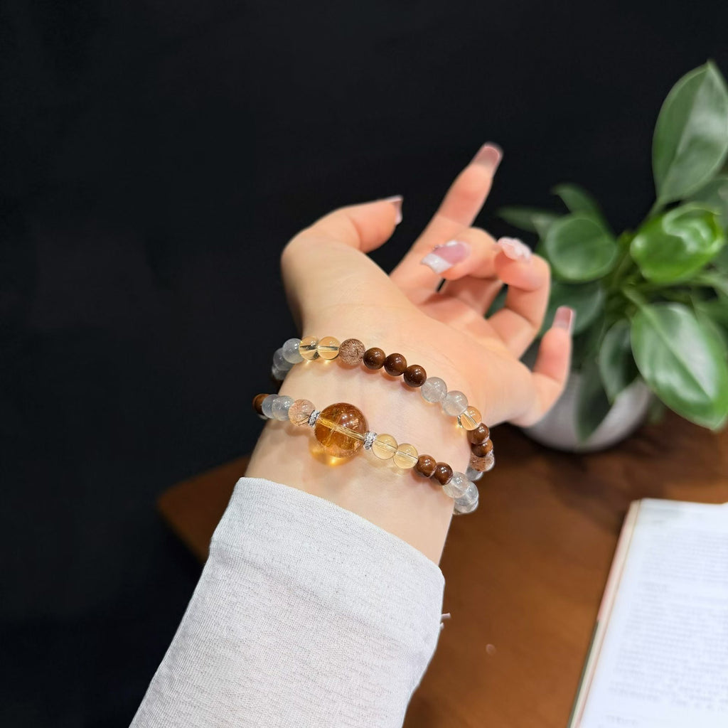 Autumn Radiance Multi-Gemstone Double-Wrap Bracelet - Brazilian Citrine, Grey Moonstone (6mm)