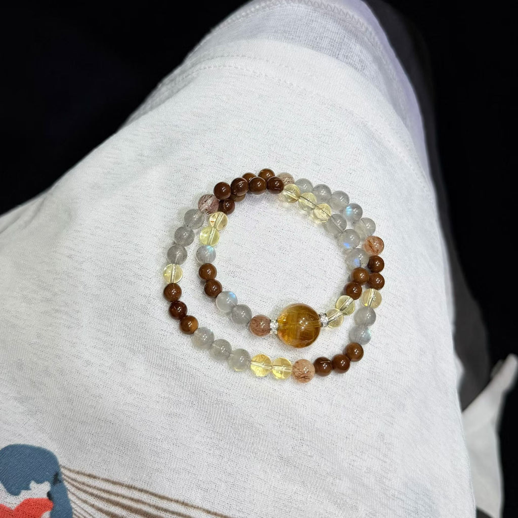Autumn Radiance Multi-Gemstone Double-Wrap Bracelet - Brazilian Citrine, Grey Moonstone (6mm)