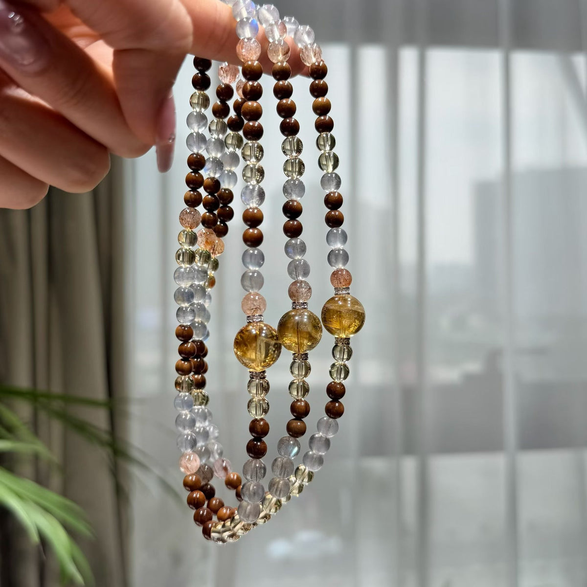 Autumn Radiance Multi-Gemstone Double-Wrap Bracelet - Brazilian Citrine, Grey Moonstone (6mm)