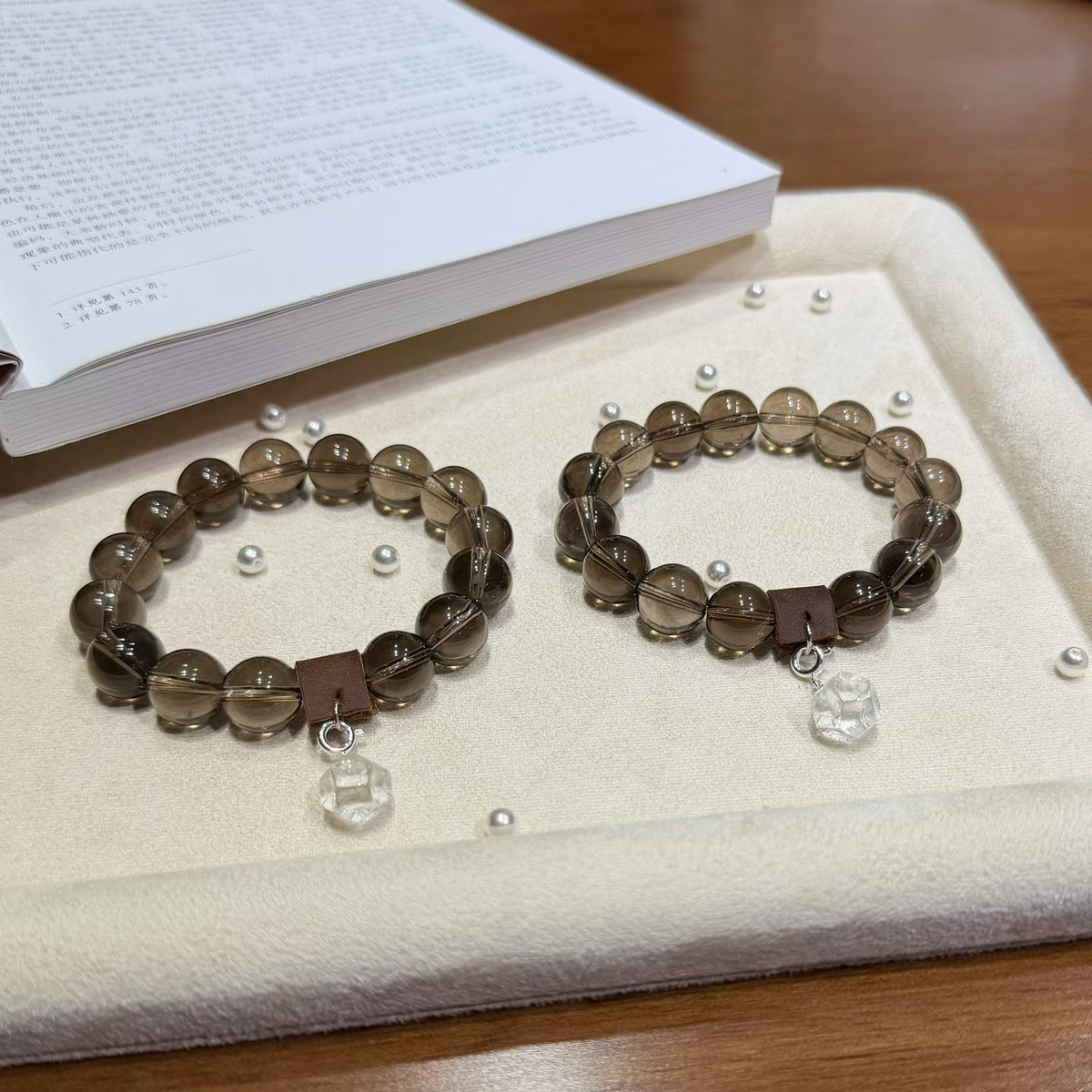 Serene Haven Smoky Quartz Bracelet with Fine Silver Lotus Charm (12mm)