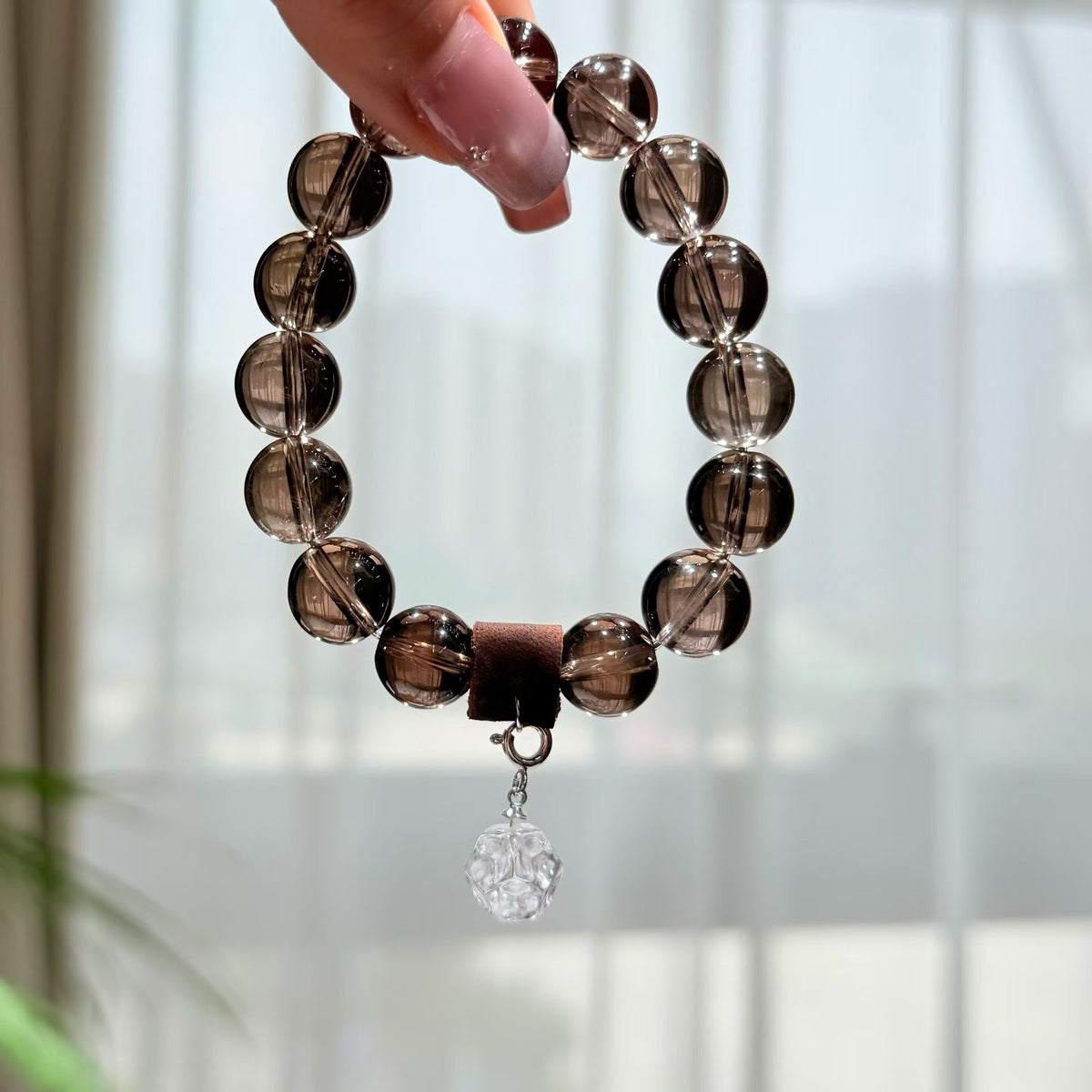 Serene Haven Smoky Quartz Bracelet with Fine Silver Lotus Charm (12mm)