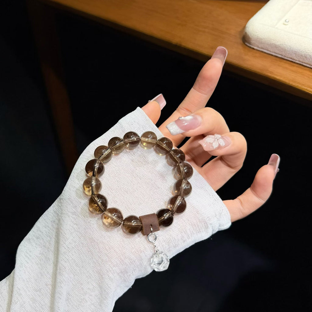 Serene Haven Smoky Quartz Bracelet with Fine Silver Lotus Charm (12mm)